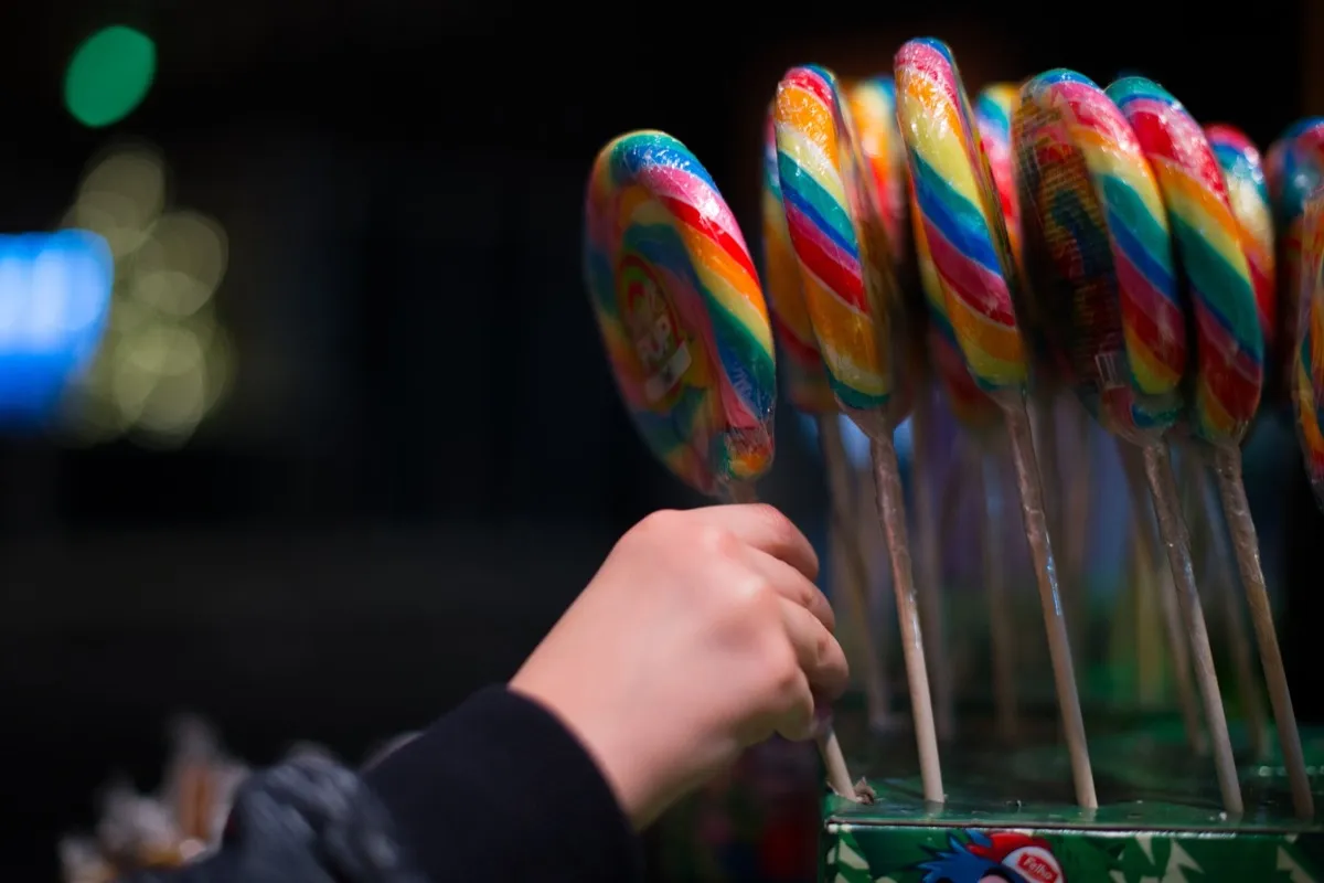 A box of colorful lollipops