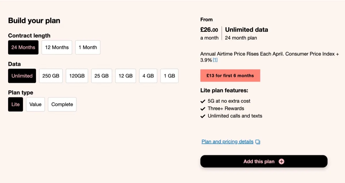 英國電信公司Three＿Pay Monthly方案內容