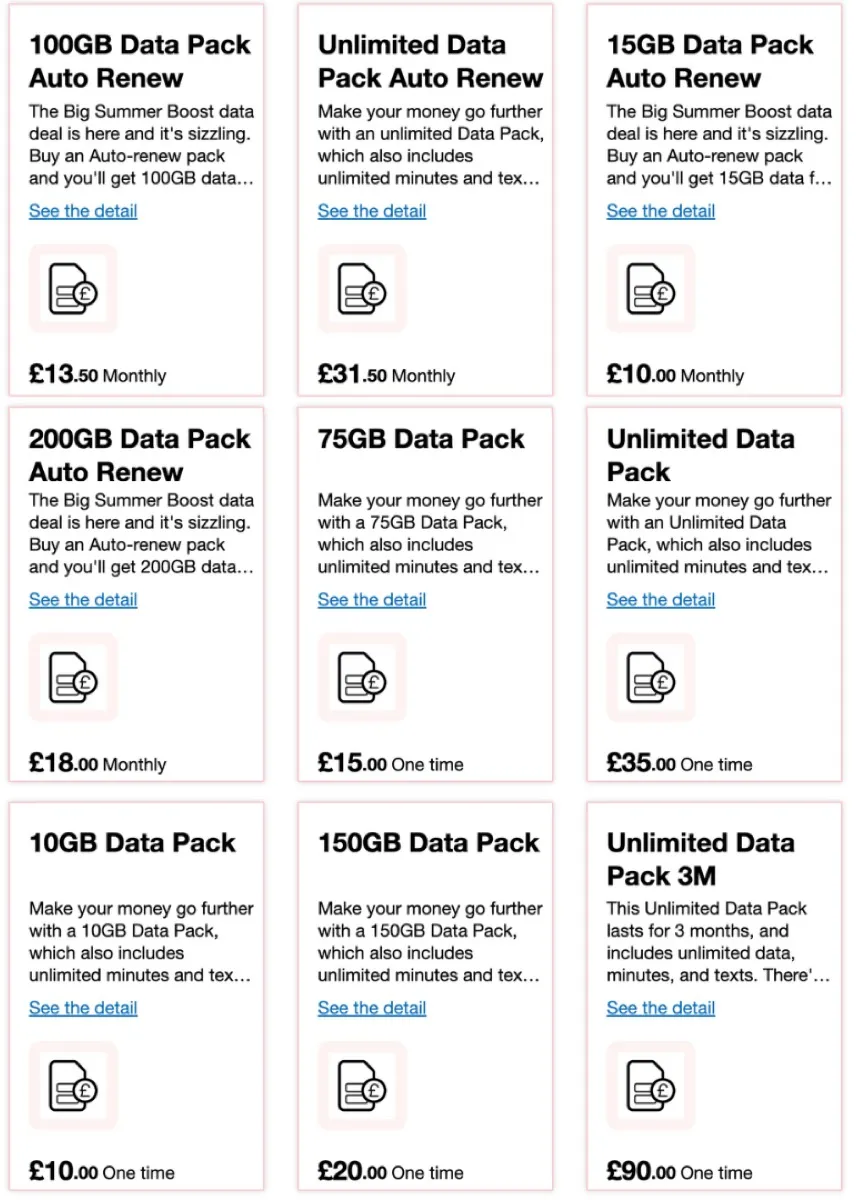 英果電信公司Three的Pay as you go方案（資料截自2024年7月官網內容）