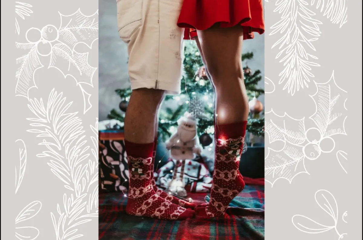 red Christmas socks  and a Christmas tree