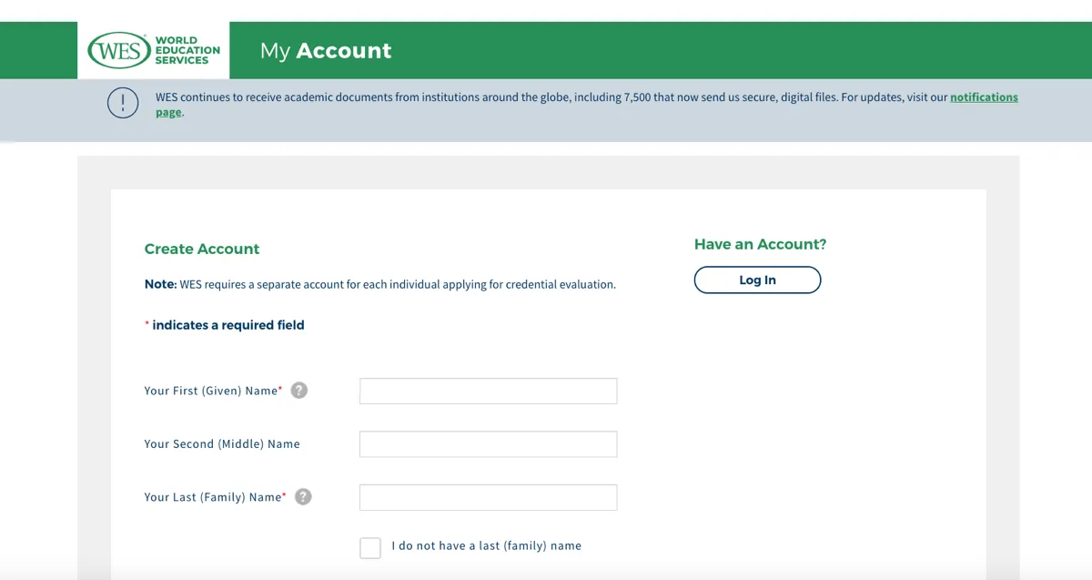 Webpage for creating an account on WES page