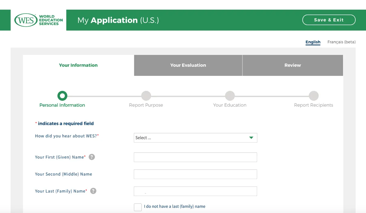 Application page for WES