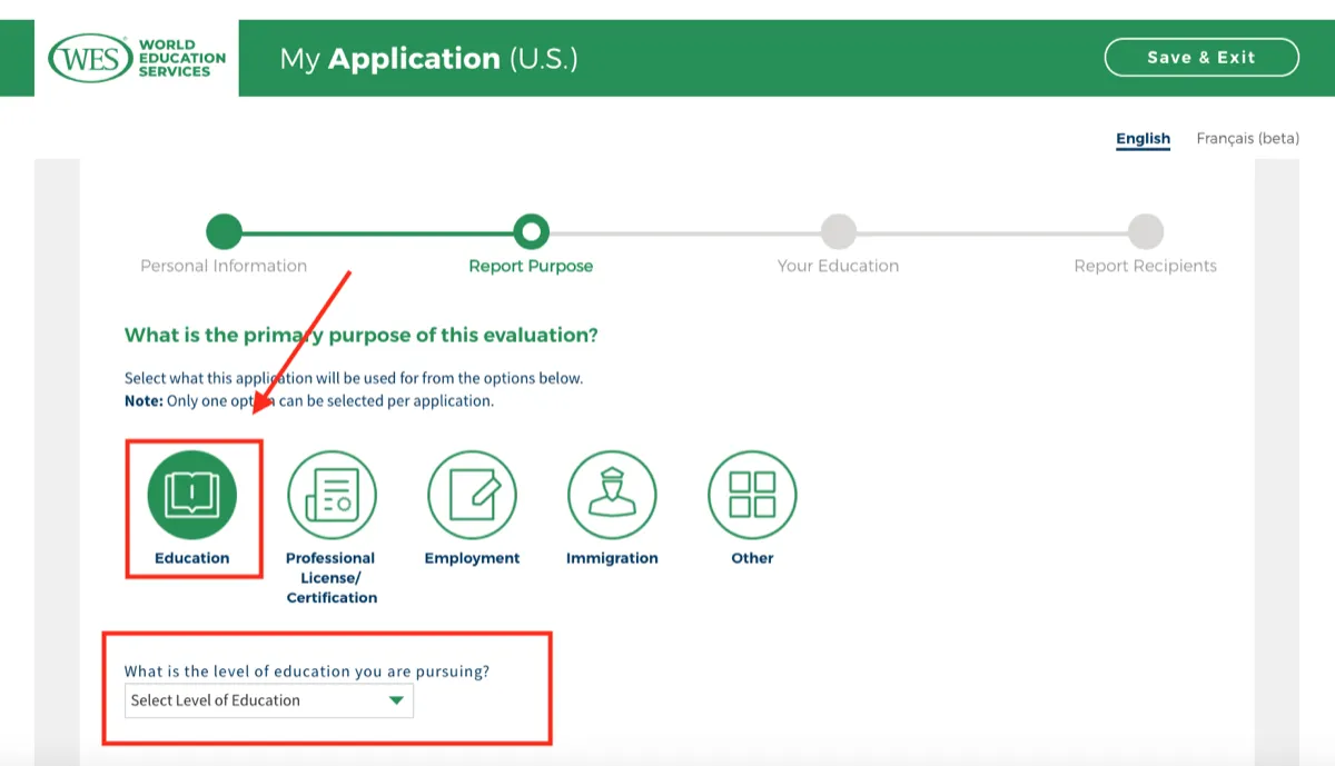 Purpose page for registration for WES