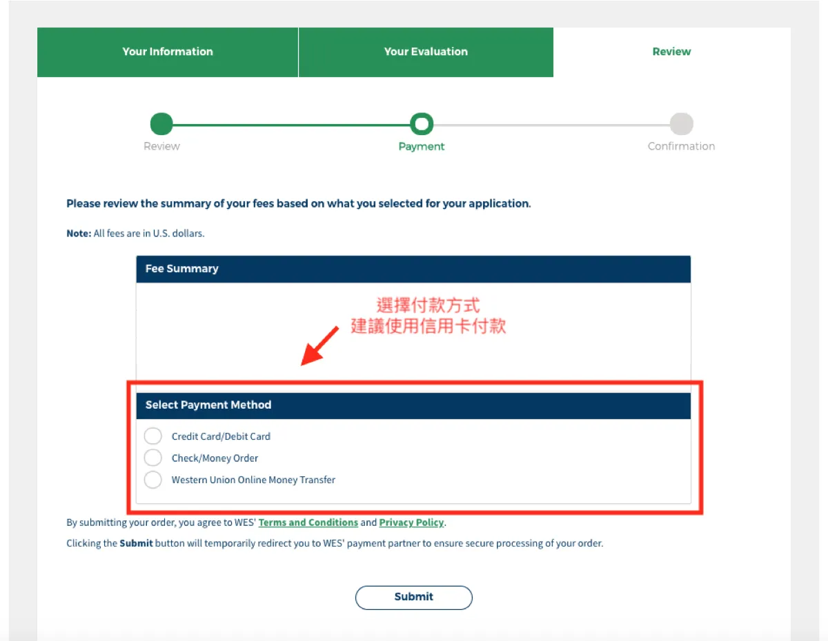 payment page for the application