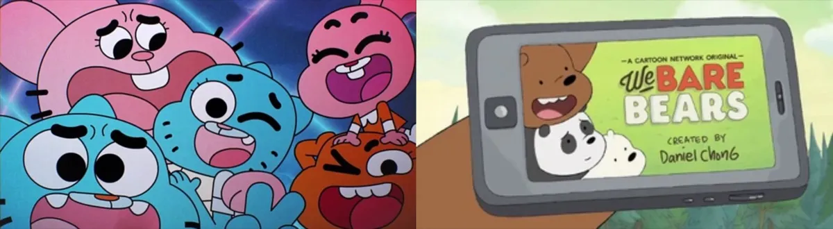 blue and pink characters cartoons